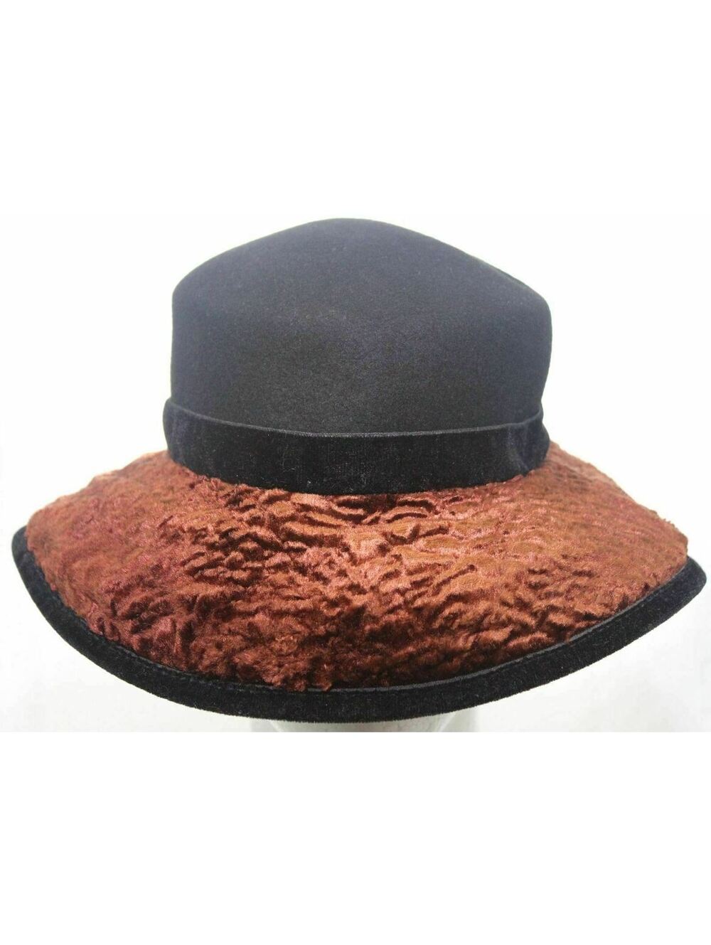 Platania Womens Black & Brown Wool Wide Faux Persian Lamb Brim Hat Made in Italy